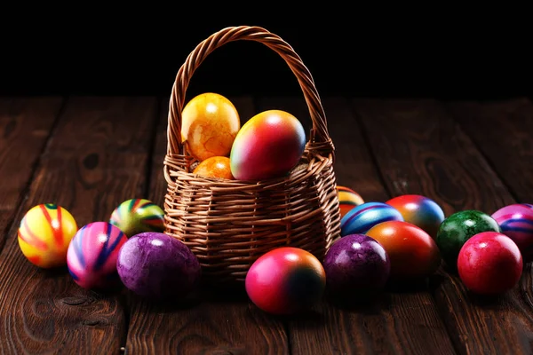 Basket Easter Eggs Table Colorful Easter Decoration — Stock Photo, Image