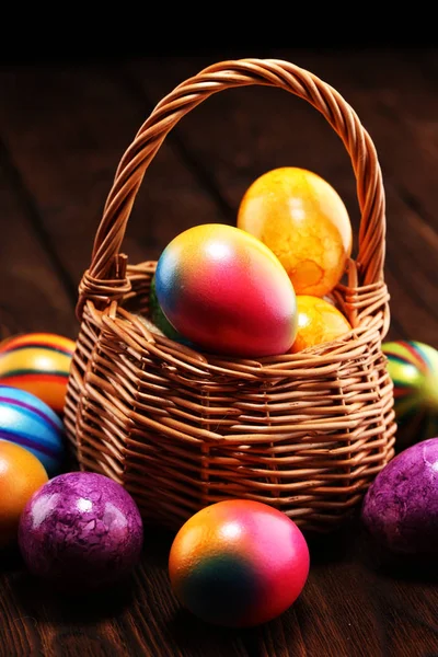 Basket Easter Eggs Table Colorful Easter Decoration — Stock Photo, Image