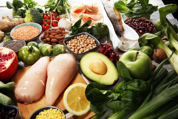 Egészséges Ételek Tiszta Táplálkozás Kiválasztása Gyümölcsök Zöldségek Magvak Szuperétel Gabonafélék — Stock Fotó