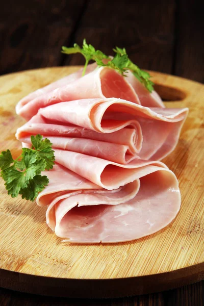 Sliced Ham Parsley Table Fresh Prosciutto Pork Ham Sliced Snack — Stock Photo, Image