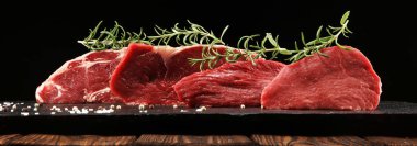 Steak raw. Barbecue Rib Eye Steak, dry Aged Wagyu Entrecote. Variety of Raw Black Angus Prime meat steaks Machete, Striploin, Rib eye, Tenderloin fillet mignon clipart