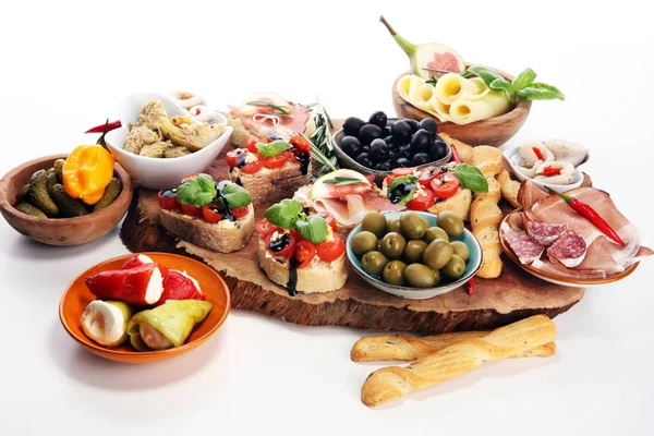 Italian Antipasti Wine Snacks Set Cheese Variety Mediterranean Olives Pickles — Stock Photo, Image