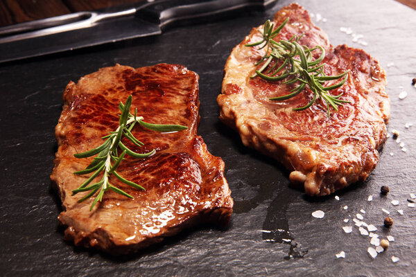 Barbecue Rib Eye Steak. Black Angus Prime meat steaks Machete, Striploin, Rib eye, Tenderloin fillet mignon