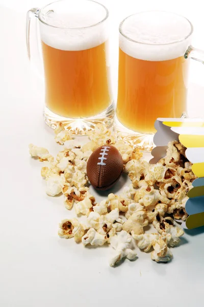 Popcorn Football Beer Table Great Bowl Game Superbowl — Stock Photo, Image
