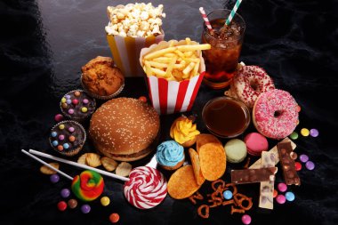 Sağlıksız ürünler. Yemek vücut, deri, kalp ve dişler için kötüdür. Fast karbonhidrat besin çeşitleri. 