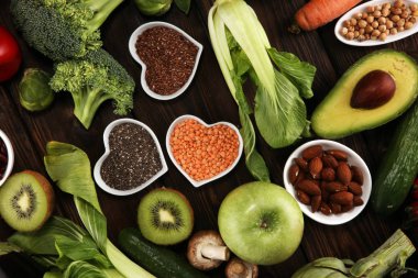 Sağlıklı gıda seçimi yeme temiz. meyve, sebze, tohum, superfood, tahıllar, yaprak sebze. Vejetaryen veya vegan gıda