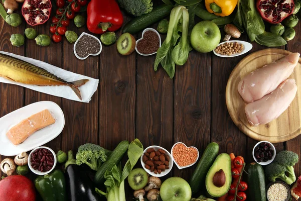 Čistá Jídlo Výběr Zdravých Potravin Ovoce Zelenina Semena Superfood Obiloviny — Stock fotografie