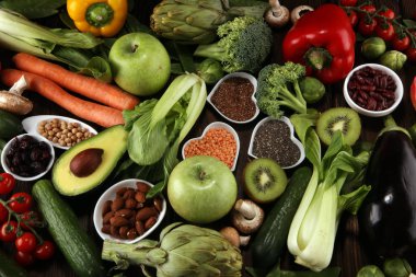 Sağlıklı gıda seçimi yeme temiz. meyve, sebze, tohum, superfood, tahıllar, yaprak sebze. Vejetaryen veya vegan gıda