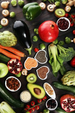 Sağlıklı gıda seçimi yeme temiz. meyve, sebze, tohum, superfood, tahıllar, yaprak sebze. Vejetaryen veya vegan gıda