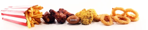 Chicken Wings Fries Onion Rings Football Table Great Bowl Football — Stock Photo, Image