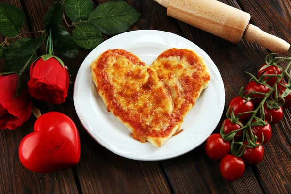 Valentines Day Pizza Heart Shape Dark Rustic Wooden Background Valentine — Stock Photo, Image