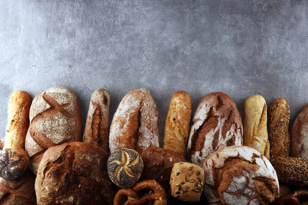 Асортимент Запеченого Хліба Хлібних Рулетів Фоні Кам Яного Столу Концепція — стокове фото
