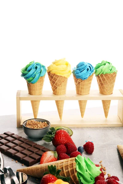 Vanilla Frozen Yogurt Soft Ice Cream Waffle Cone Diffrent Flavor — Stock Photo, Image