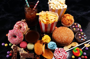 Sağlıksız ürünler. Yemek vücut, deri, kalp ve dişler için kötüdür. Fast karbonhidrat besin çeşitleri. 