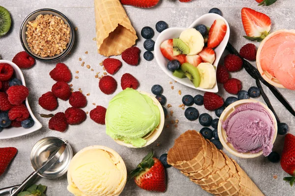 Set Ice Cream Scoops Different Colors Flavours Berries Nuts Fruits — Stock Photo, Image