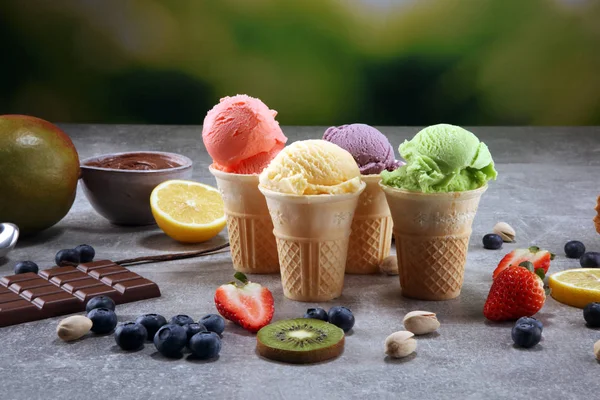 Set Ice Cream Scoops Different Colors Flavours Berries Nuts Fruits — Stock Photo, Image