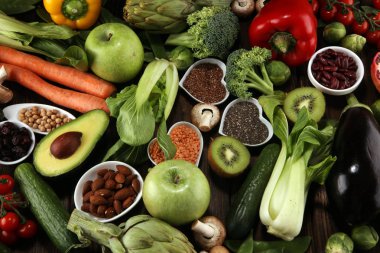 Sağlıklı gıda seçimi yeme temiz. meyve, sebze, tohum, superfood, tahıllar, yaprak sebze. Vejetaryen veya vegan gıda
