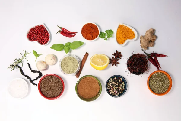Especiarias Ervas Mesa Alimentos Ingredientes Cozinha Para Cozinhar — Fotografia de Stock