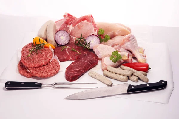 Carne Crudă Diferite Tipuri Carne Porc Crud Pui Carne Vită — Fotografie, imagine de stoc
