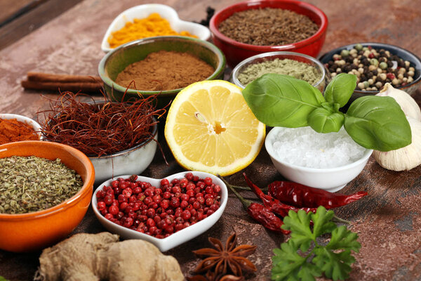 Spices and herbs on table. Food and cuisine ingredients for cooking