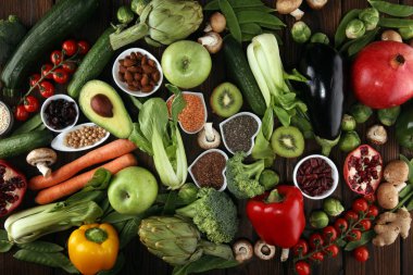 Sağlıklı gıda seçimi yeme temiz. meyve, sebze, tohum, superfood, tahıllar, yaprak sebze. Vejetaryen veya vegan gıda