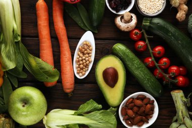 Sağlıklı gıda seçimi yeme temiz. meyve, sebze, tohum, superfood, tahıllar, yaprak sebze. Vejetaryen veya vegan gıda