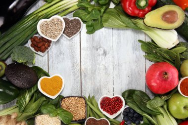Sağlıklı gıda seçimi yeme temiz. meyve, sebze, tohum, superfood, tahıllar, yaprak sebze. Vejetaryen veya vegan gıda