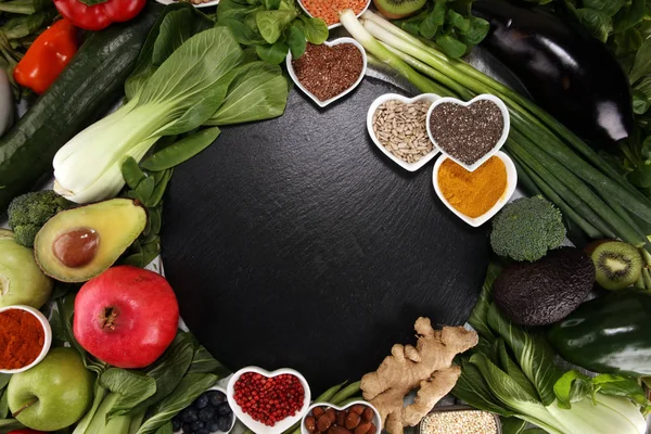 Zdrowa Żywność Czyste Jedzenie Wybór Owoców Warzyw Nasion Pożywienie Zboża — Zdjęcie stockowe