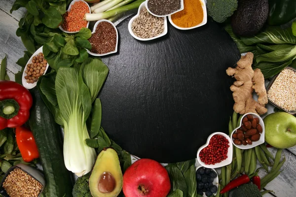 Gezonde Voeding Schoon Eten Selectie Fruit Groente Zaden Superfood Granen — Stockfoto