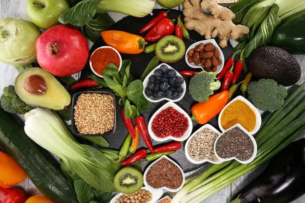 Gezonde Voeding Schoon Eten Selectie Fruit Groente Zaden Superfood Granen — Stockfoto