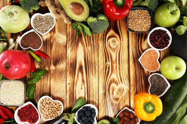 Healthy food clean eating selection. fruit, vegetable, seeds, su