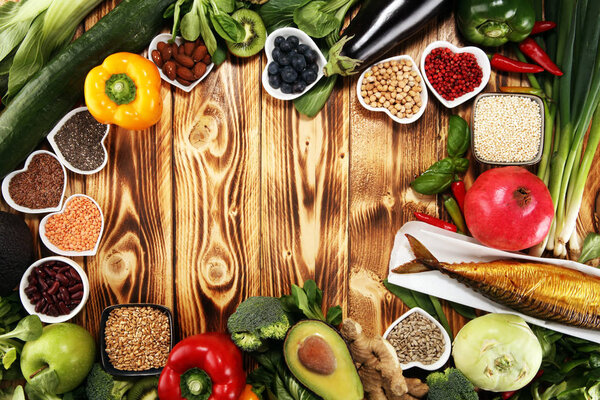 Healthy food clean eating selection. fruit, vegetable, seeds, su