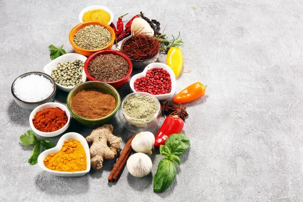 Spices and herbs on table. Food and cuisine ingredients. — Stock Photo, Image