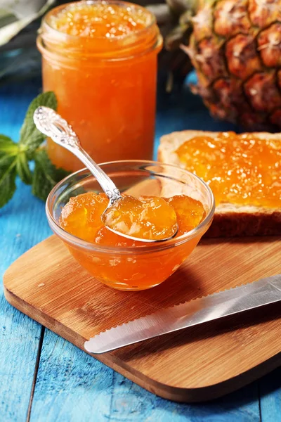 Toast bread with homemade pineapple jam or marmalade on table se — Stock Photo, Image