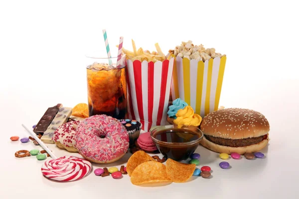 Unhealthy products. food bad for figure, skin, heart and teeth. — Stock Photo, Image