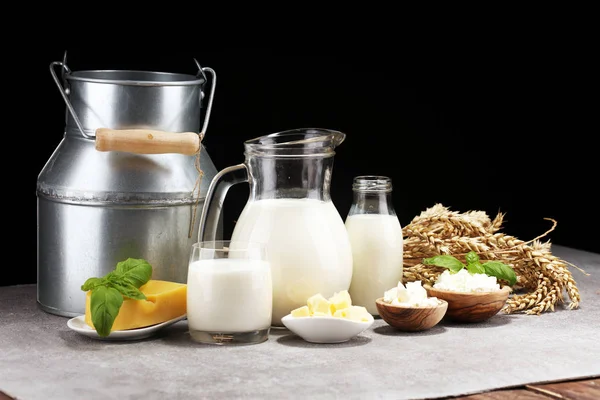 Productos lácteos - sabrosos productos lácteos saludables y tarro de leche y ch — Foto de Stock