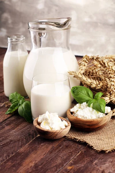 Молочні продукти. смачні здорові молочні продукти на столі. кислий кріп — стокове фото
