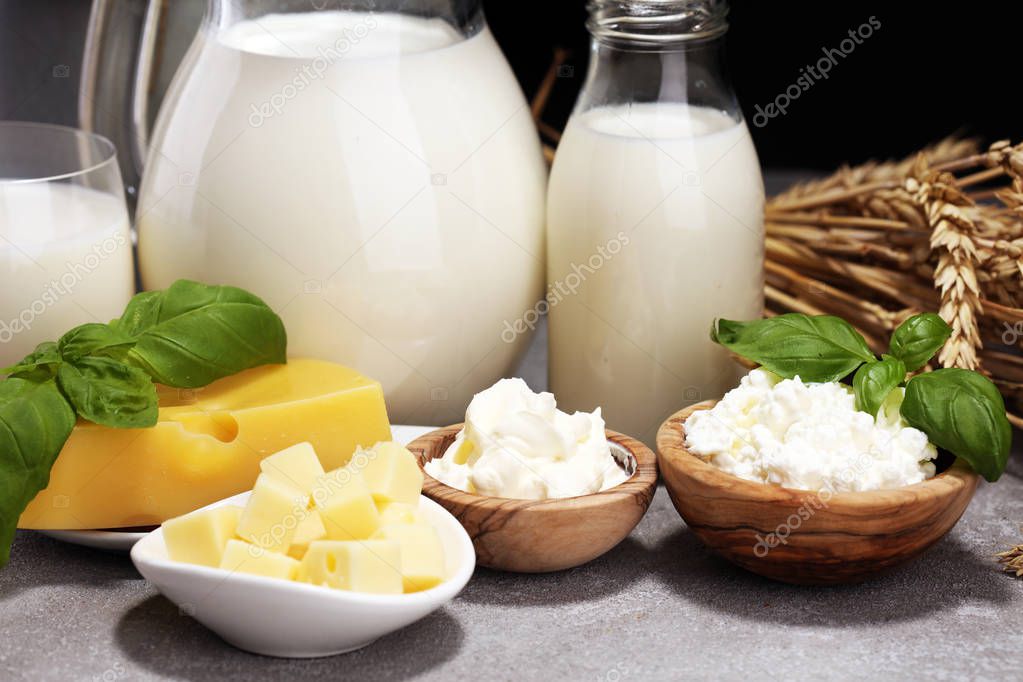 milk products - tasty healthy dairy products and milk jar and ch