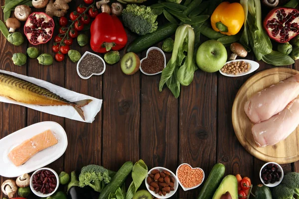 Καθαρά τρώτε ποικιλία υγιεινών τροφίμων. φρούτων, λαχανικών, σπόροι, su — Φωτογραφία Αρχείου