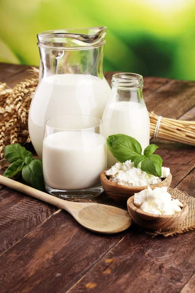 Productos lácteos. los productos sabrosos sanos de leche sobre la mesa. cre agrio — Foto de Stock