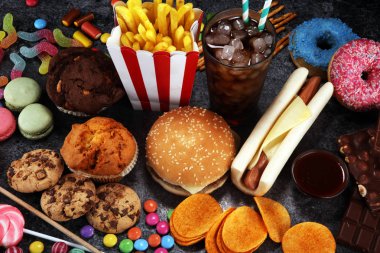 Sağlıksız ürünler. yemek vücut, deri, kalp ve dişler için kötüdür..