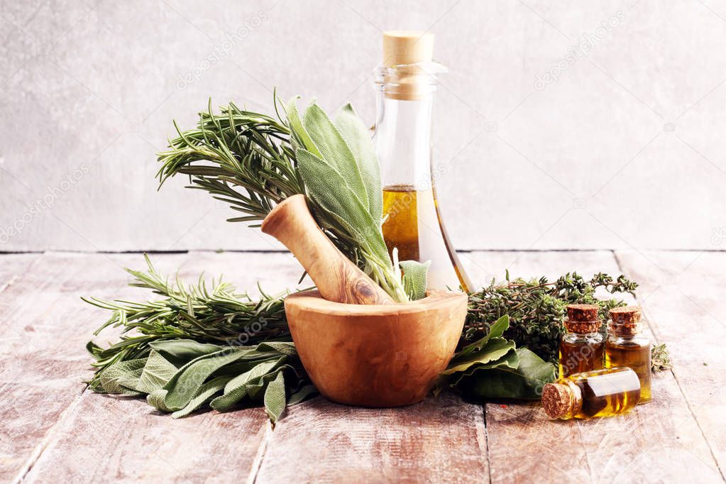 Fresh herbs from the garden and the different types of oils for 