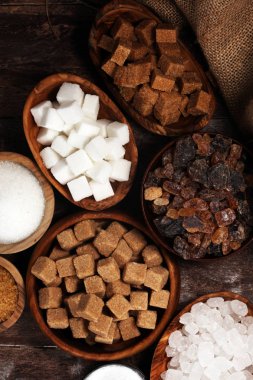 Şeker, kahverengi şeker ve beyaz rustik ahşap t türleri