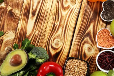 Sağlıklı gıda seçimi yeme temiz. meyve, sebze, tohum, su