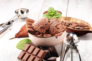 Çikolatalı kahveli dondurma topu bir kasede. dondurma kepçe