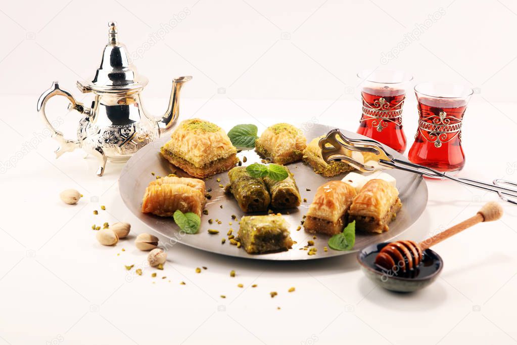 Middle eastern or arabic dishes. Turkish Dessert Baklava with pi