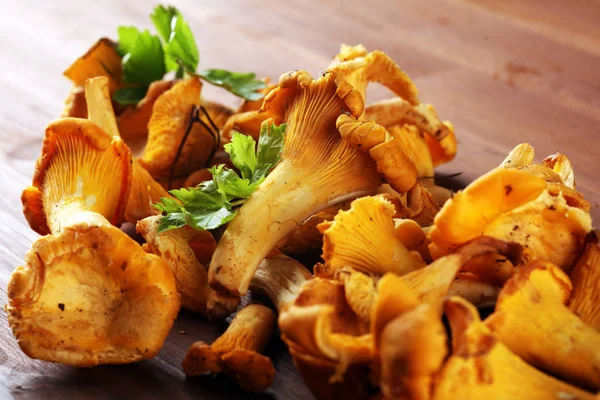 Syrové divoké houby chanterelle. Kompozice s divokými houbami — Stock fotografie