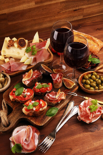 Italian antipasti wine snacks set. Cheese variety, Mediterranean
