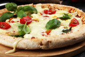 Картина, постер, плакат, фотообои "vegetarian italian pizza with tomatoes, mozzarella cheese and b", артикул 302936262