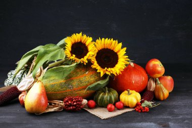 Sonbahar doğa kavramı. Sonbahar meyve ve sebze ahşap üzerine. Teşekkürler